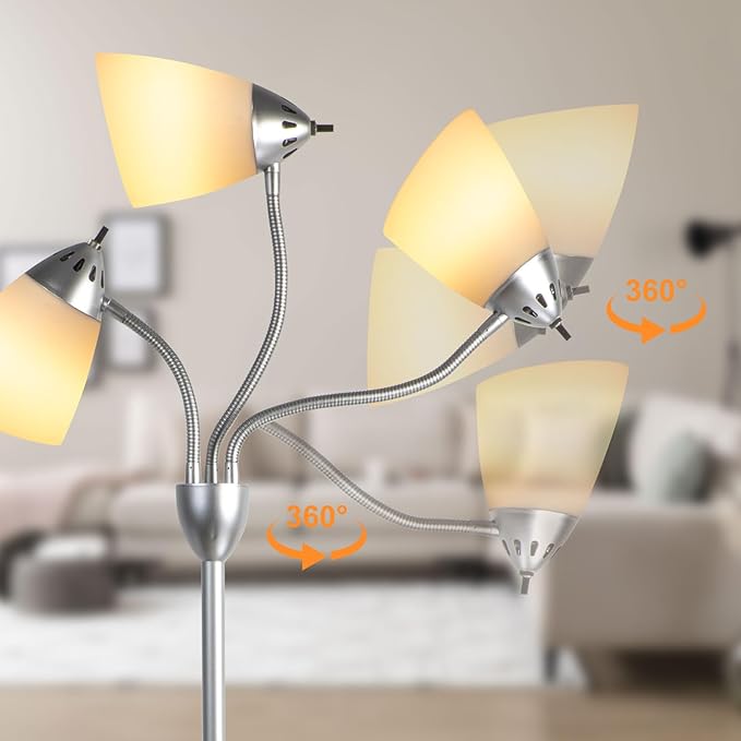 DINGLILIGHTING Floor Lamp Tall for Bedroom: Silver Standing Lamp Reading for Living Room Home Study Room Office - Modern Led Floor Light 3-Light Adjustable Flexible Gooseneck Metal Multi Head - LeafyLoom