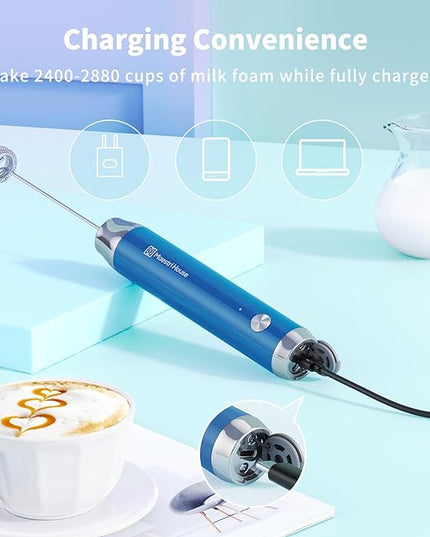 Maestri House Rechargeable Milk Frother with Stand, Handheld Electric Foam Maker Waterproof Detachable Stainless Steel Whisk Drink Mixer Foamer for Lattes, Cappuccino - LeafyLoom
