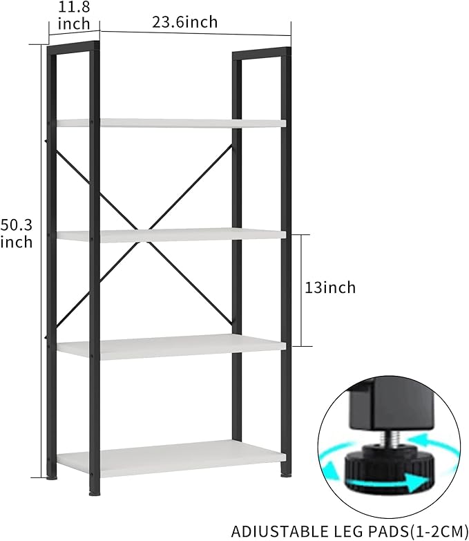VERMESS Book Shelf White, Tall 4 Tier Bookshelf, Industrial Shelving Unit Wood Bookcase Shelf with Open Shelves, Wide Storage Standing Bookshelves Metal Display Rack for Living Room, Bedroom, Office - LeafyLoom