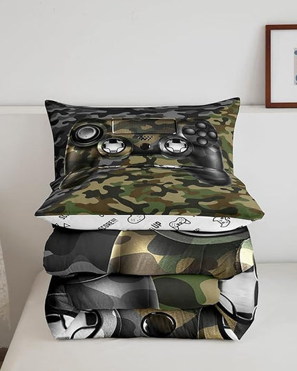 Feelyou Kids Gamer Comforter Set Camouflage Gaming Bedding Set for Boys Teens Bedroom Green Black Camo Video Game Decor Comforter Gamer Console Quilt Set Twin Size Duvet Quilted 2Pcs - LeafyLoom