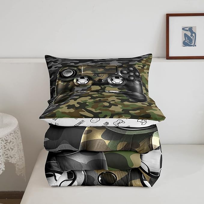 Feelyou Kids Gamer Comforter Set Camouflage Gaming Bedding Set for Boys Teens Bedroom Green Black Camo Video Game Decor Comforter Gamer Console Quilt Set Queen Size Duvet Quilted 3Pcs - LeafyLoom
