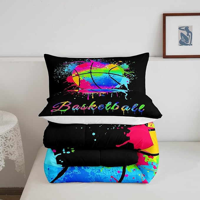 Kids Basketball Comforter Set Full Size Gaming Sports Bedding Set for Boys Girls Teens Bedroom Decor Ball Games Tie Dye Comforter Gift for Basketball Lover Duvet Set with 2 Pillow Case - LeafyLoom