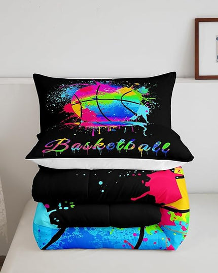 Feelyou Kids Basketball Comforter Set Queen Size Gaming Sports Bedding Set for Boys Girls Teens Bedroom Decor Ball Games Tie Dye Comforter Gift for Basketball Lover Duvet Set with 2 Pillow Case - LeafyLoom