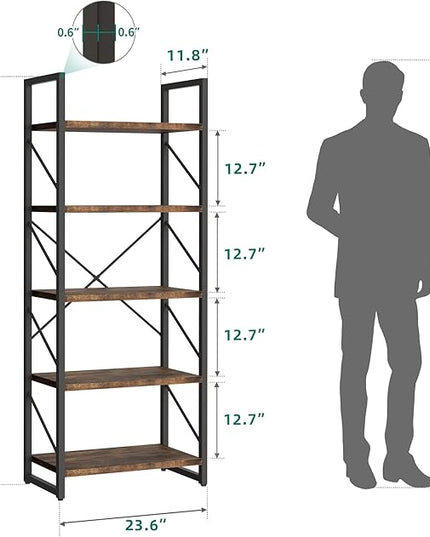 YITAHOME 5-Tier Bookshelf, Freestanding Book Shelf, Industrial Minimalist Open Display Storage Book Shelves Standing Shelving Unit for Living Room Bedroom Home Office, Rustic Brown - LeafyLoom