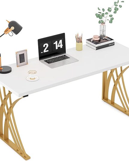 55’’ Large Modern Computer Desk, White & Gold Luxury Laptop PC Student Table, Makeup Vanity Table with Thick Frame & Strong Legs, Sturdy Writing Workstation for Home & Office - LeafyLoom