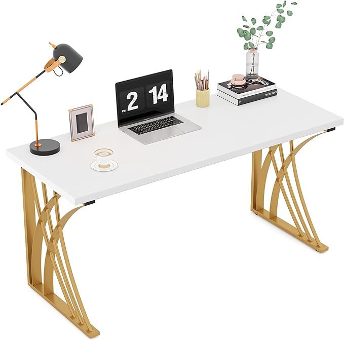 55’’ Large Modern Computer Desk, White & Gold Luxury Laptop PC Student Table, Makeup Vanity Table with Thick Frame & Strong Legs, Sturdy Writing Workstation for Home & Office - LeafyLoom