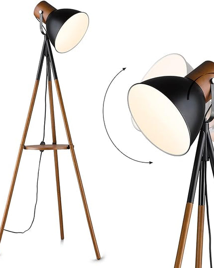 ELYONA Dimmable Tripod Floor Lamp with Table, Wood Standing Lamp with Adjustable Metal Shade, Modern End Table with Reading Light for Livingroom, Bedroom, Office, LED Bulb Included, Black & Brown - LeafyLoom