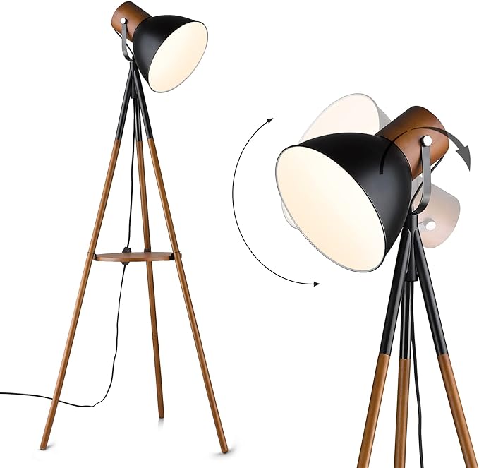 ELYONA Dimmable Tripod Floor Lamp with Table, Wood Standing Lamp with Adjustable Metal Shade, Modern End Table with Reading Light for Livingroom, Bedroom, Office, LED Bulb Included, Black & Brown - LeafyLoom