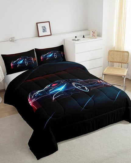 Feelyou Red Blue Race Car Bedding Set King Size for Kids Boys Extreme Sport Games Comforter Set Teens Toddler Fast and Furious Duvet Set Cool Modern Quilt Set 3Pcs - LeafyLoom