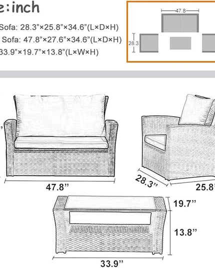 FDW Sectional Sofa Rattan Chair Wicker Conversation Set Outdoor Backyard Porch Poolside Balcony Garden Furniture with Coffee Table, Brown - LeafyLoom