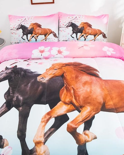 Feelyou Girls Horse Comforter Set Full Size Galloping Horses Bedding Set for Kids Teens Cherry Blossom Comforter 3D Wild Animal Duvet Set Farmhouse Bedroom Decor Quilt Set with 2 Pillow Cases 3Pcs - LeafyLoom