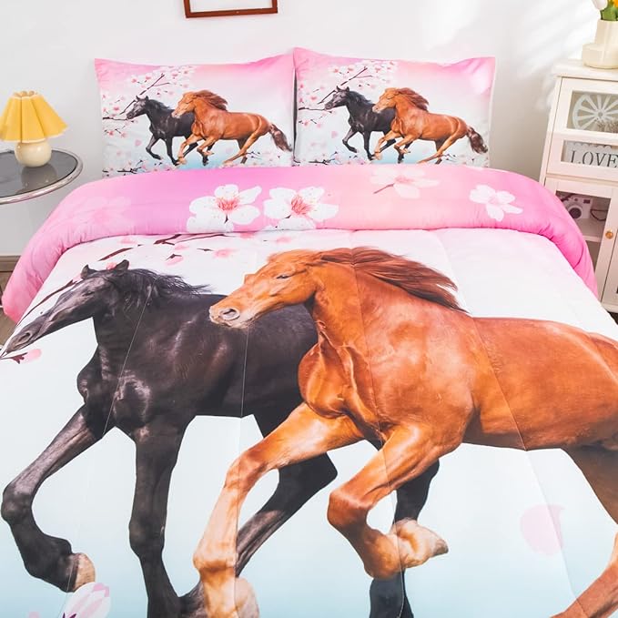 Feelyou Girls Horse Comforter Set Full Size Galloping Horses Bedding Set for Kids Teens Cherry Blossom Comforter 3D Wild Animal Duvet Set Farmhouse Bedroom Decor Quilt Set with 2 Pillow Cases 3Pcs - LeafyLoom