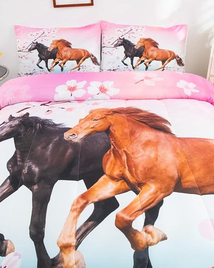 Feelyou Kids Horse Bedding Set for Girls Queen Size Chic Cherry Blossom Comforter Set for Horse Lover Gift Galloping Horse Printed Comforter 3D Wild Animal Duvet Set Bedroom Decor Quilt Set 3Pcs - LeafyLoom
