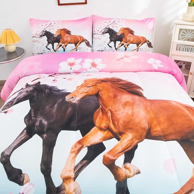 Feelyou Kids Horse Bedding Set for Girls Queen Size Chic Cherry Blossom Comforter Set for Horse Lover Gift Galloping Horse Printed Comforter 3D Wild Animal Duvet Set Bedroom Decor Quilt Set 3Pcs - LeafyLoom
