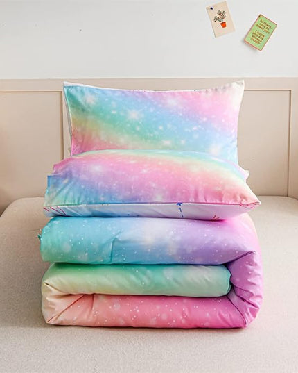 Holawakaka Girls Ombre Glitter Comforter Set, Twin Size Gradient Rainbow Galaxy Print Kids Bedding Sets, Multi-color Ultra-soft Dorm Bed Set (Pink Green, Twin) - LeafyLoom
