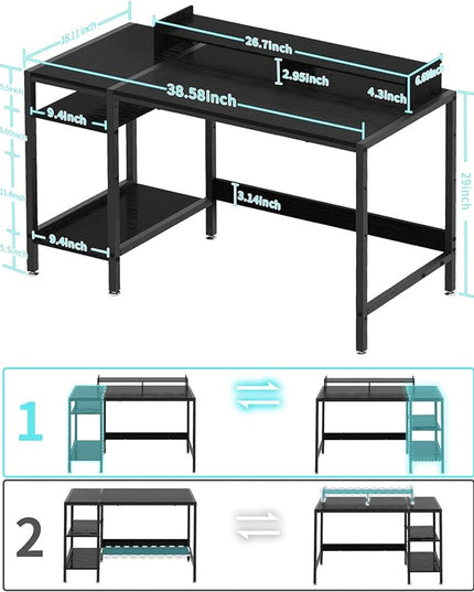 Computer Desk - 38” Gaming Desk, Home Office Desk with Storage, Small Desk with Monitor Stand, Writing Desk for 2 Monitors, Adjustable Storage Space, Modern Design Corner Table, Black. - LeafyLoom