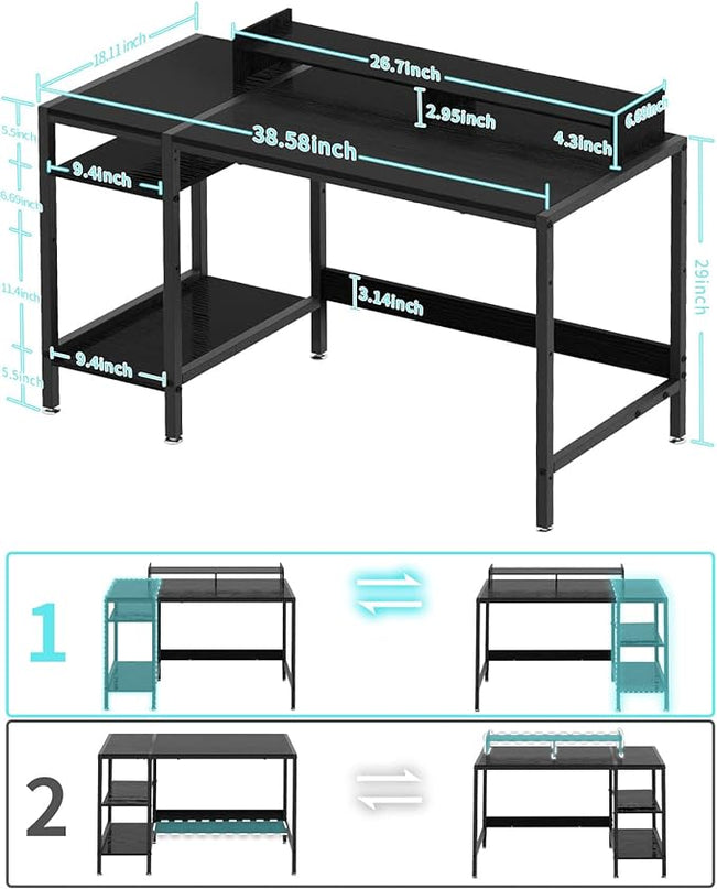 Computer Desk - 38” Gaming Desk, Home Office Desk with Storage, Small Desk with Monitor Stand, Writing Desk for 2 Monitors, Adjustable Storage Space, Modern Design Corner Table, Black. - LeafyLoom