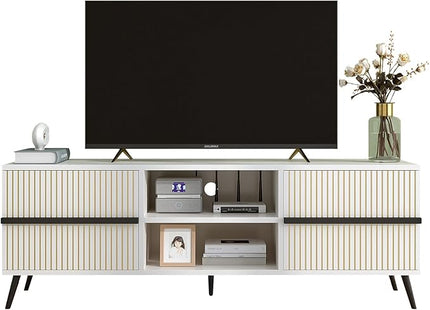 TV Stand for 60 Inch - Wooden Television Stand Table with Storage Cabinets and Open Shelves up to 60", Entertainment Center, Media Console for Living Room and Bedroom, Warm White - LeafyLoom