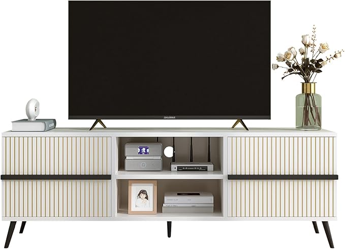 TV Stand for 60 Inch - Wooden Television Stand Table with Storage Cabinets and Open Shelves up to 60", Entertainment Center, Media Console for Living Room and Bedroom, Warm White - LeafyLoom