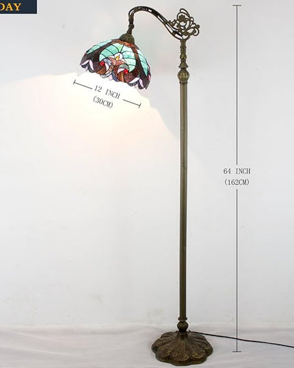 WERFACTORY Tiffany Floor Lamp Green Liaison Stained Glass Arched Lamp 12X18X64 Inches Gooseneck Adjustable Corner Standing Reading Light Decor Bedroom Living Room S160G Series - LeafyLoom
