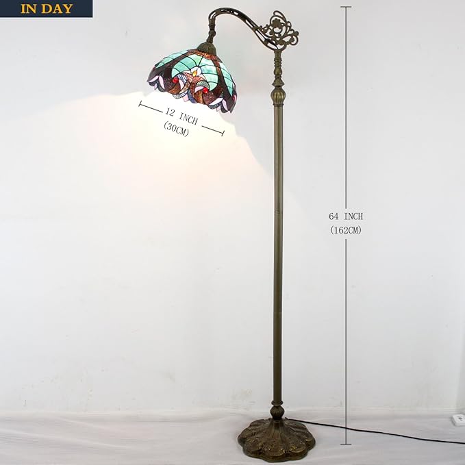 WERFACTORY Tiffany Floor Lamp Green Liaison Stained Glass Arched Lamp 12X18X64 Inches Gooseneck Adjustable Corner Standing Reading Light Decor Bedroom Living Room S160G Series - LeafyLoom