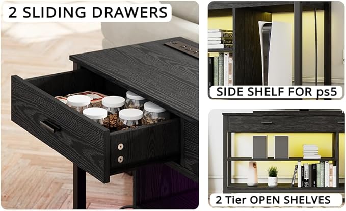 IRONCK TV Stand LED Lights, Entertainment Center with Power Outlet for 55 Inch TV, Industrial TV Console with Media Storage Shelf and 2 Large Drawers,for Bedroom/Living Room, Black - LeafyLoom