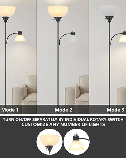 Floor Lamp for Living Room 9W LED Torchiere Floor Lamp with 9W Adjustable Reading Lamp Black 72" Tall Floor Lamps for Bedroom Office Two Independent Rotary switches Including 2 Light Bulbs. - LeafyLoom