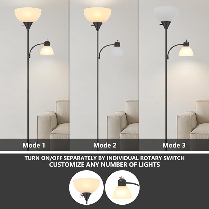 Floor Lamp for Living Room 9W LED Torchiere Floor Lamp with 9W Adjustable Reading Lamp Black 72" Tall Floor Lamps for Bedroom Office Two Independent Rotary switches Including 2 Light Bulbs. - LeafyLoom