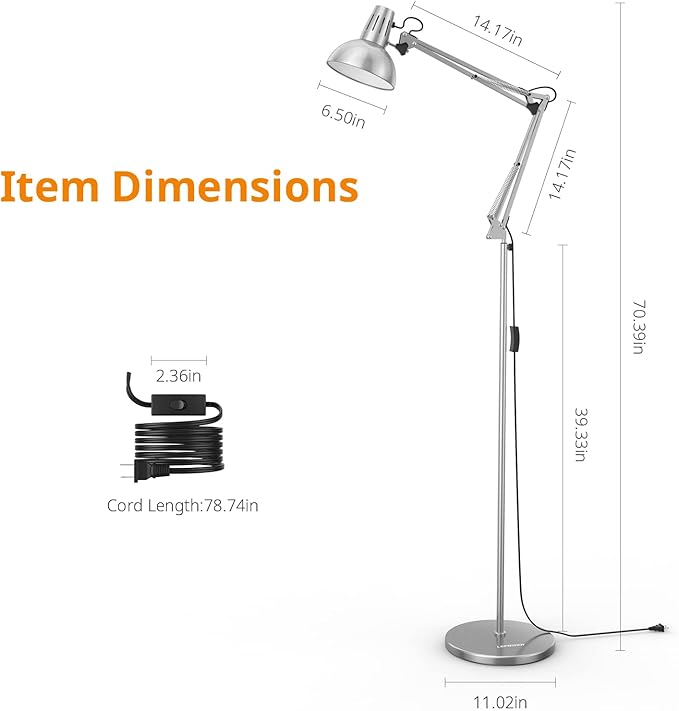 LEPOWER Floor Lamp, Swing Arm Floor Standing Lamp, Industrial Floor Lamp with Heavy Metal Base, E26 Lamp Base Floor Light, Modern Standing Reading Lamp for Living Room, Bedroom, Office Sliver - LeafyLoom