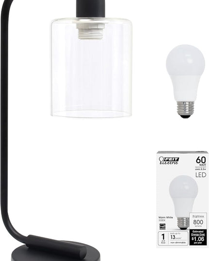 Simple Designs LD1036-BLK-LB 18.8" Industrial Bronson Antique Style Iron Lantern Desk Table Lamp with Glass Shade for Home Décor, Office, Living Room, Bedroom, Black, with Feit LED Bulb Included - LeafyLoom