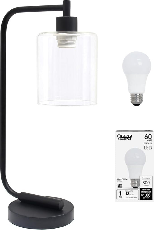 Simple Designs LD1036-BLK-LB 18.8" Industrial Bronson Antique Style Iron Lantern Desk Table Lamp with Glass Shade for Home Décor, Office, Living Room, Bedroom, Black, with Feit LED Bulb Included - LeafyLoom