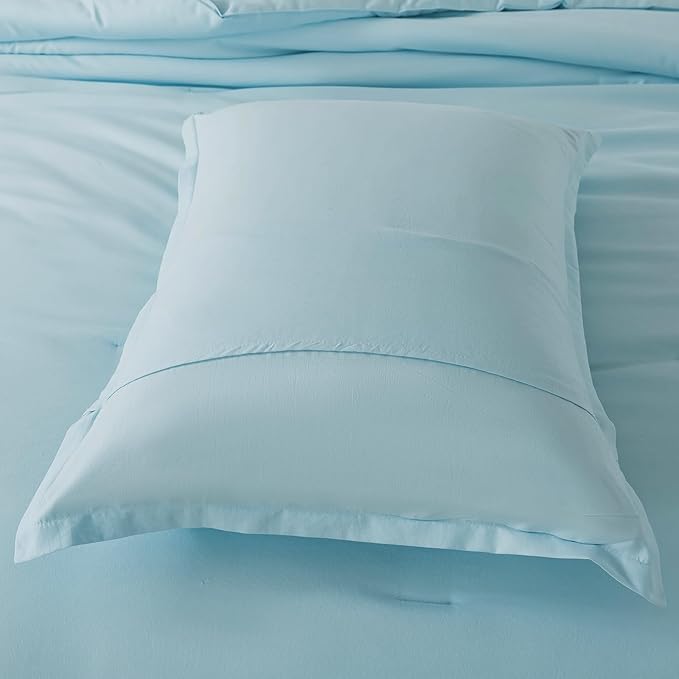 Queen Baby Blue Comforter Set, Solid Lightweight Skin-friendly Boho Bedding Set & Collections, Breathable Fluffy Microfiber 3 PCS (90"x90") Comforter Set for All Seasons with Pillowcases - LeafyLoom