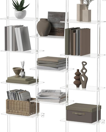 Acrylic Bookshelf, Wall Mounted, 4-Tier Clear Ladder Bookshelf with 11 Open Shelves, Multipurpose Bookcase for Living Room, Bathroom, Office, Modern, 9.5" D x 43.5" W x 59.4" H - LeafyLoom