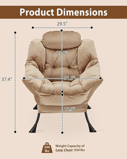 Lazy Chair Thick Padded, Accent Chair Velvet Upholstered with Wide Seat, Stable Metal Frame and Non-Slip Pad, Modern Sofa Armchair with Side Storage Bag for Dorm, Room, Office, Khaki - LeafyLoom