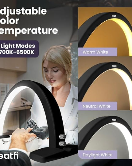 Neatfi Half Moon LED Table Lamp for Estheticians, Nail Tech, and Cosmetician, 1600 Lumens, Dimmable, 3 Light Modes, 40W, 2700K-5600K, Nail Art, Facial, Waxing, Threading, Tattoo (Modern, Black) - LeafyLoom