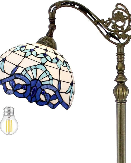 WERFACTORY Tiffany Floor Lamp Navy Blue White Stained Glass Arched Lamp 12X18X64 Inches Gooseneck Adjustable Corner Standing Reading Light Decor Bedroom Living Room S003B Series - LeafyLoom