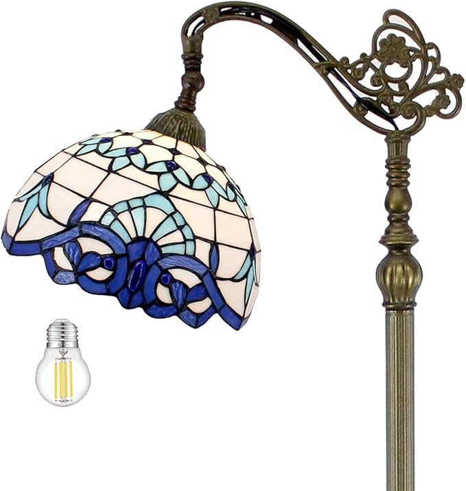 WERFACTORY Tiffany Floor Lamp Navy Blue White Stained Glass Arched Lamp 12X18X64 Inches Gooseneck Adjustable Corner Standing Reading Light Decor Bedroom Living Room S003B Series - LeafyLoom