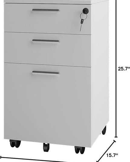 Lazio 26 Inch File Cabinet with Lock - Filing Cabinet for Home and Office - 3 Drawer File Cabinet with Wheels for A4 Sized Letters/Documents, Legal Sized Documents, Hanging File Folders - White/White - LeafyLoom