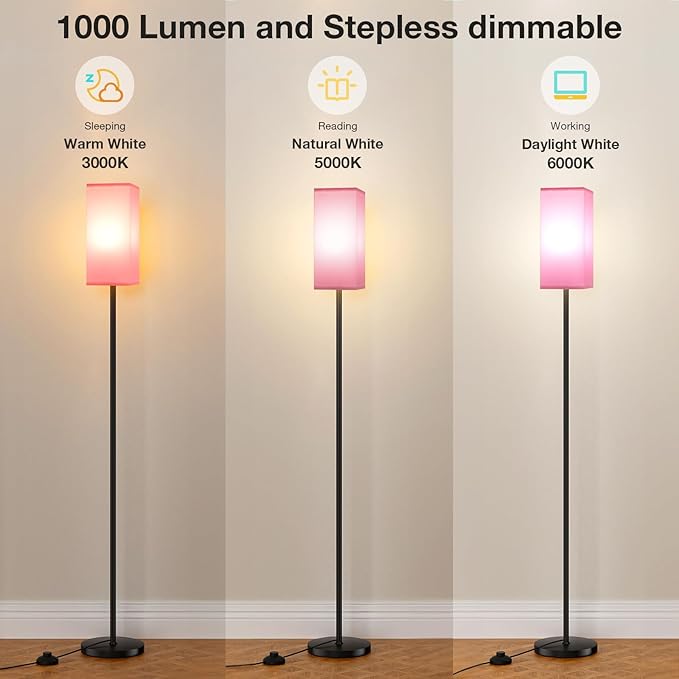 Ambimall Remote Control Floor Lamp, Stepless Dimmable, 64 Inches Tall, Include 9W Bulb, Standing Lamp for Living Room Bedroom Office (Pink & Black) - LeafyLoom