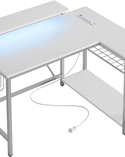 Bestier Small Gaming Desk with Power Outlets,42 L Shaped LED Computer Desk with Reversible Shelves,Corner Gamer Desk with Hooks USB Charging Port,Carbon Fiber White - LeafyLoom