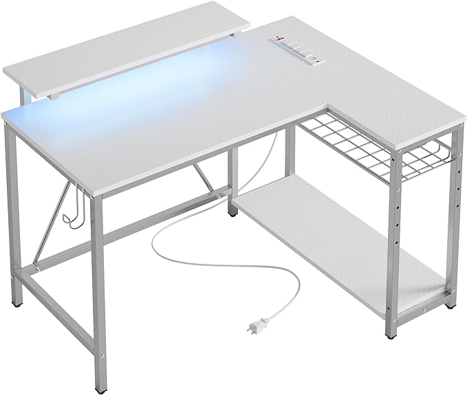 Bestier Small Gaming Desk with Power Outlets,42 L Shaped LED Computer Desk with Reversible Shelves,Corner Gamer Desk with Hooks USB Charging Port,Carbon Fiber White - LeafyLoom