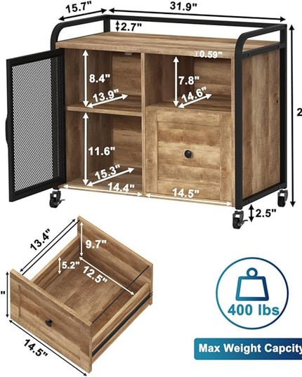 BON AUGURE Filing Cabinet for Home Office, Lateral File Cabinet with Drawer for Letter/ A4 Size, Mobile Printer Stand with Open Storage (Vintage Oak) - LeafyLoom