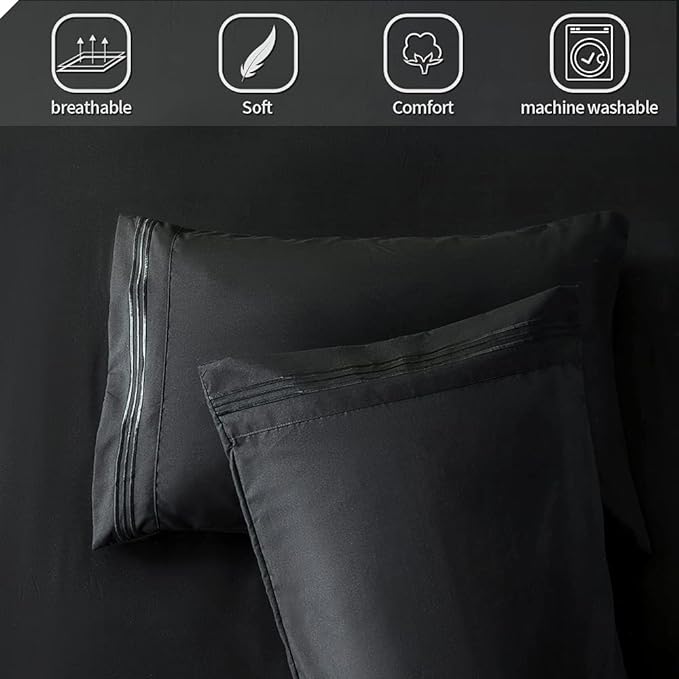 Bed Sheet Set - Brushed Microfiber Bedding - Wrinkle, Fade-Hotel Sheet- Deep Pockets - Easy Fit - Breathable & Cooling Sheets- 4 Piece(Queen,Black) - LeafyLoom