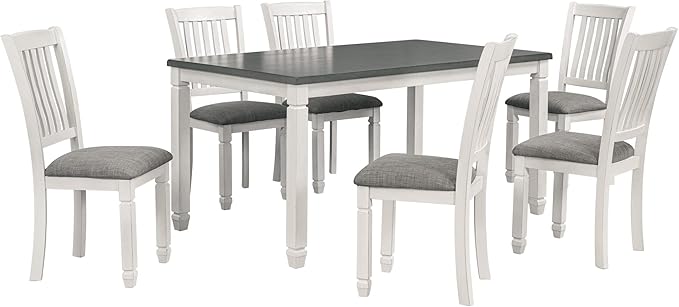 7-Piece Modern Dining, Wooden Kitchen Room Table Set with 6 Upholstered Chairs-Elegantly Shaped Legs and Comfortable Seating, Gray+White - LeafyLoom
