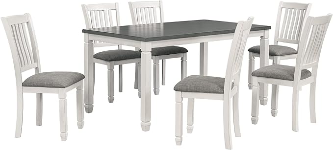 7-Piece Table Set for 6 Wood Dining&Table and 6 Upholstered Chairs with Shaped Legs for Dining Room, Gray+White - LeafyLoom