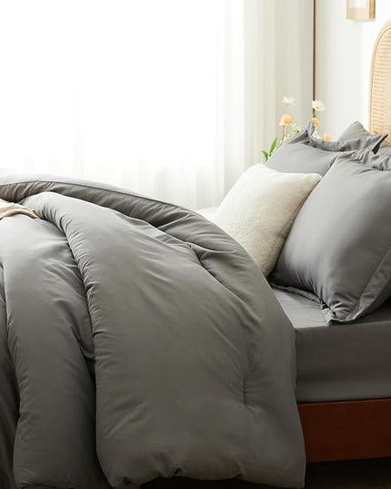 King bed in a bag 7 pieces bedding comforter set with Comforter and Sheets Grey King bed set with sheets,Pillow Shams, Flat Sheet, Fitted Sheet and Pillowcases - LeafyLoom