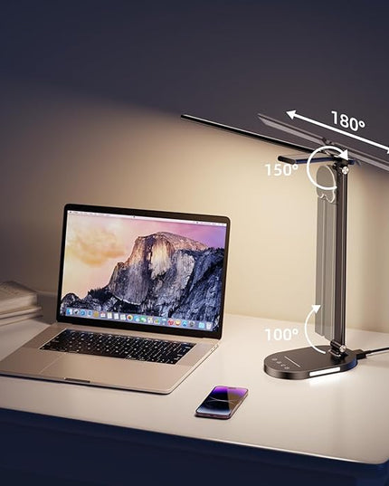 Desk Lamps for Home Office, Eye-Care LED Desk Lamp with USB Charging Port, Touch Control Table Lamp with Night Light Mode, 60 min Timer Desktop Lamp for College Dorm Room Bedroom - LeafyLoom