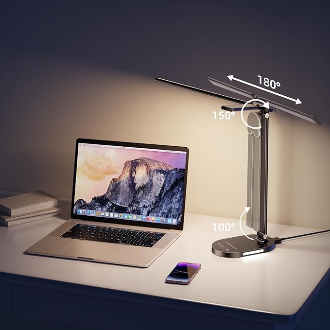 Desk Lamps for Home Office, Eye-Care LED Desk Lamp with USB Charging Port, Touch Control Table Lamp with Night Light Mode, 60 min Timer Desktop Lamp for College Dorm Room Bedroom - LeafyLoom