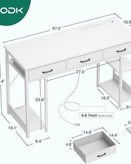 AODK 48 Inch Computer Desk with Fabric Drawers & Power Outlets, Office Desk with Storage Shelves & CPU Stand, Writing Study Table, Small Desk for Bedroom, White - LeafyLoom