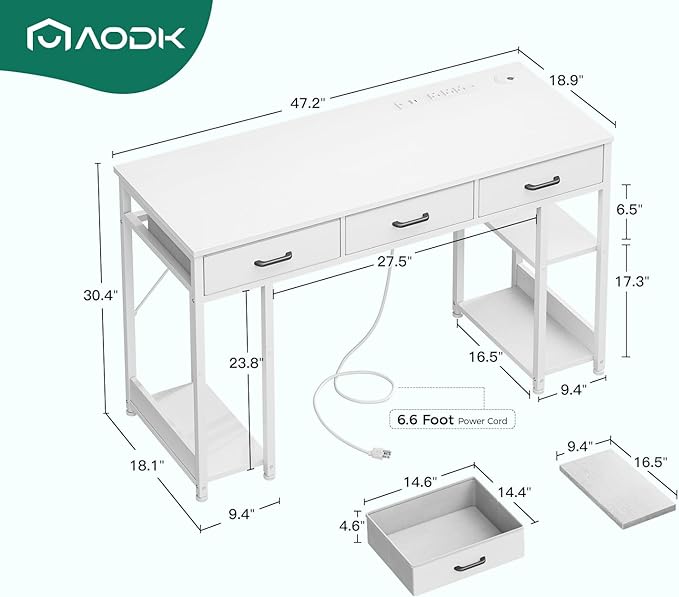 AODK 48 Inch Computer Desk with Fabric Drawers & Power Outlets, Office Desk with Storage Shelves & CPU Stand, Writing Study Table, Small Desk for Bedroom, White - LeafyLoom